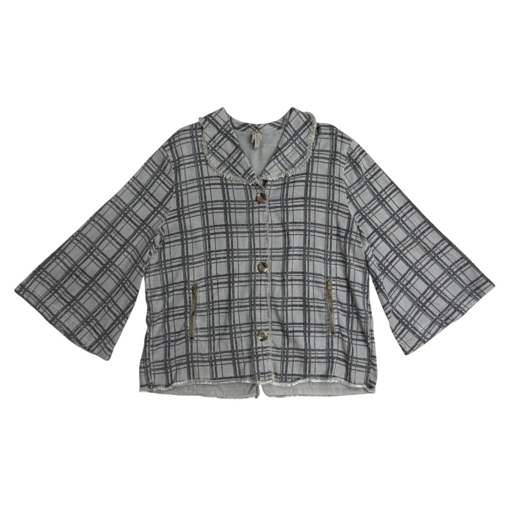 XCVI Plaid Fringe Trim Jacket XL Wide Sleeve Tencel Blend Button Up grey